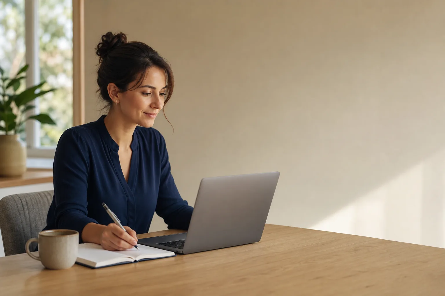Teilnehmerin einer Online-Weiterbildung der Zentura Akademie am Laptop